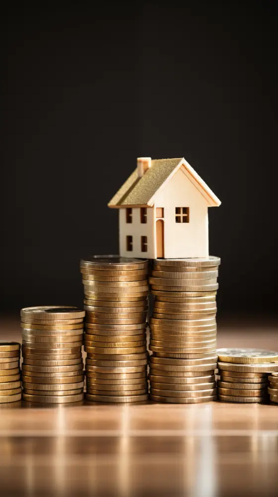 Casa em miniatura sobre pilhas de moedas, representando o patrimônio a ser partilhado no inventário